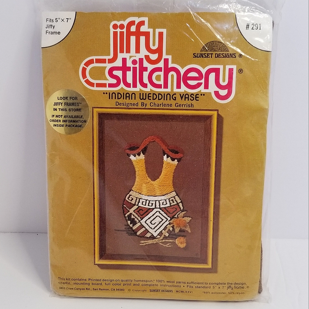 Sunset Designs Vintage 70s Jiffy Stitchery Yarn Art Kit- "Indian Wedding Vase"